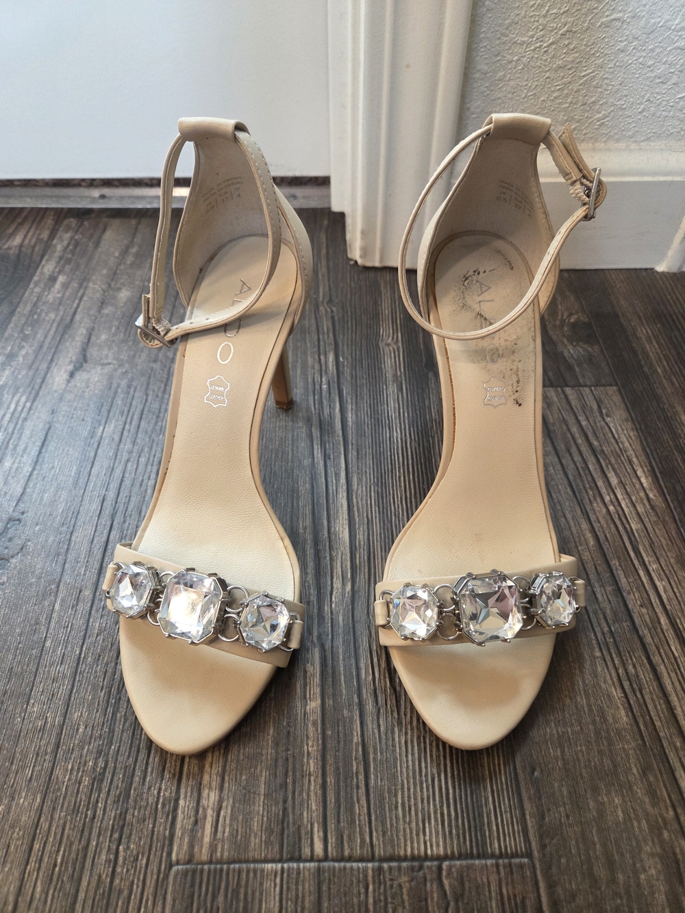 Aldo Beige Crystal-Embellished Ankle-Strap Heels
